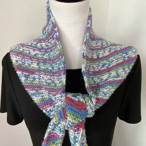 Hand Knit Multi Color Striped Triangle Scarf Shawlette Women's Accessory